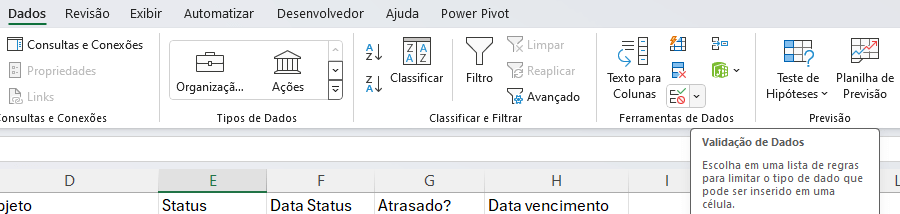 Coluna Status – Validação de Dados