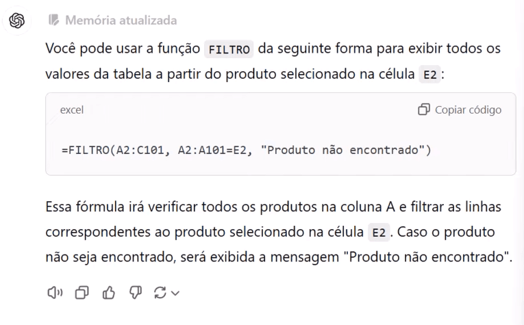 Fórmula FILTRO pelo ChatGPT