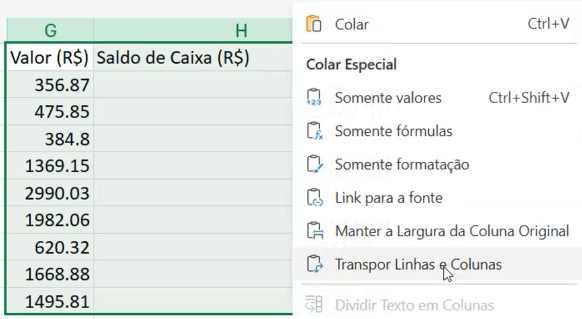 Opções de Colar Especial no Excel Online