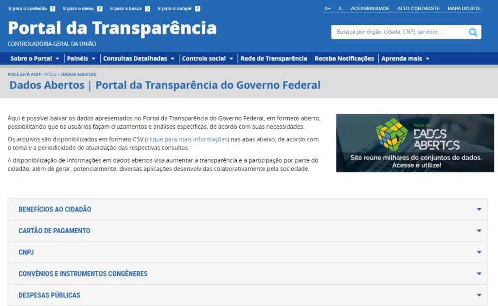 página do Portal da Transparência, uma das bases de dados para treinar Power BI