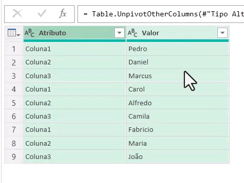resultado final com as colunas transformadas