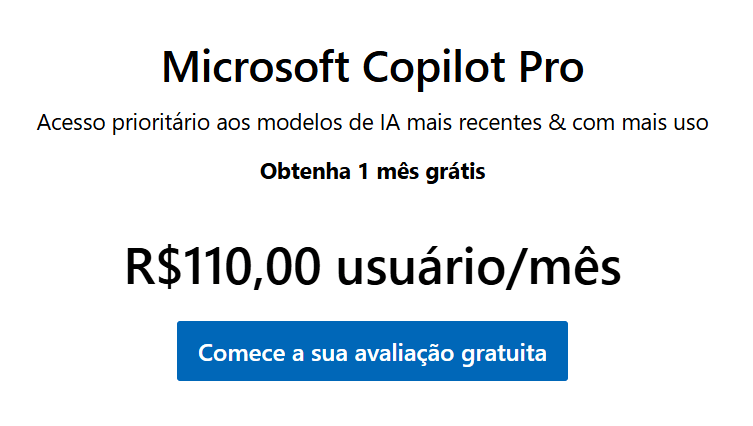 Banner com "Comece a sua avaliação gratuita" do Copilot