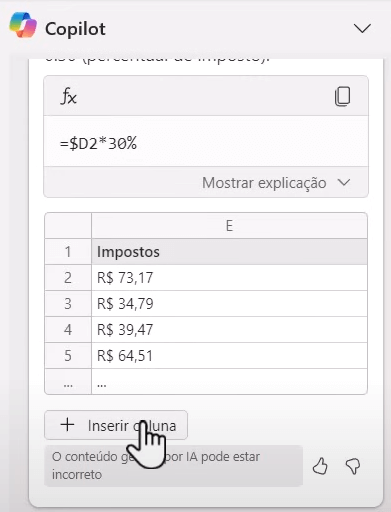 coluna com impostos usando copilot
