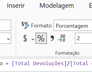 aba de Formatação do menu superior com a opção de porcentagem em destaque 