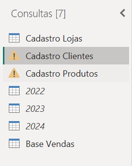 Menu do lado esquerdo com alguns dos arquivos de dados com erros, sendo que um deles está sendo selecionado