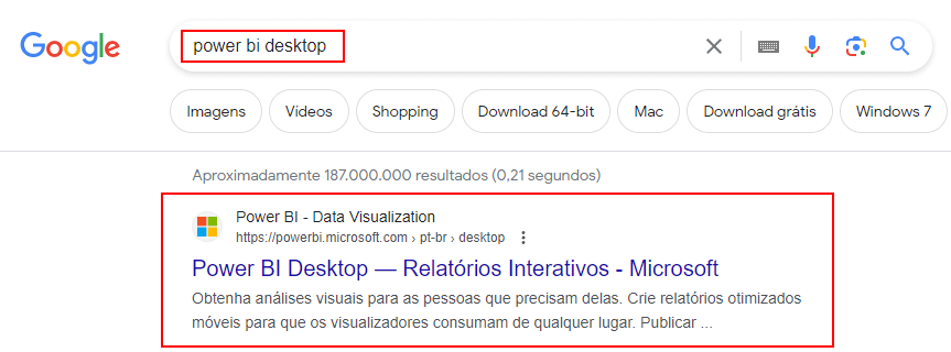Buscando por “Power BI Desktop” no Google