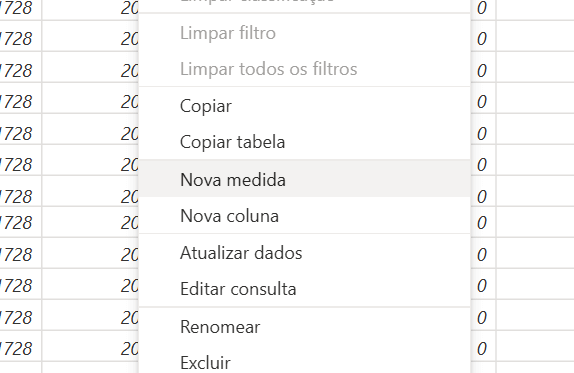 menu suspenso em  cima da tabela após clicar com o botão direito e a opção Nova Medida selecionada