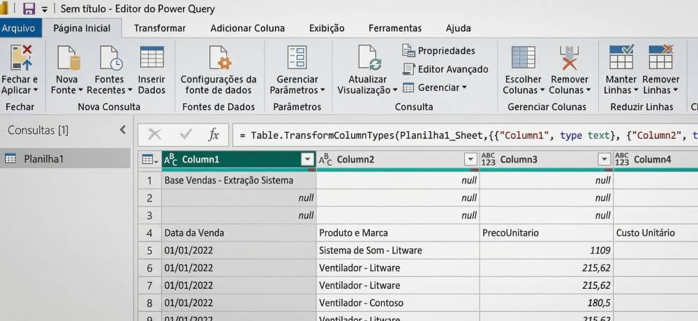 power query power bi — editor de consultas com etapas aplicadas
