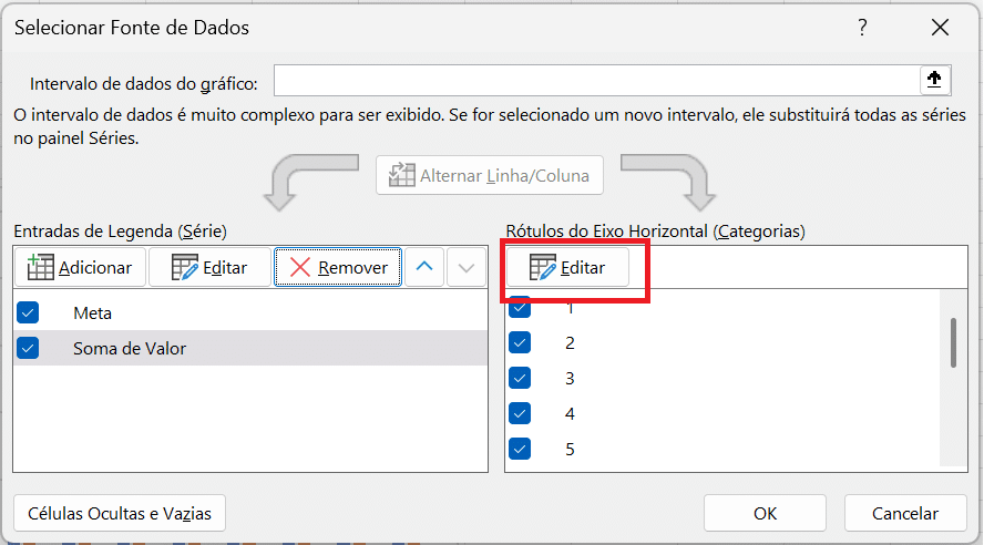 Janela de nome Selecionar Fonte de Dados com a opção Editar destacada.