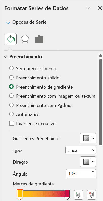 Janela formatar série de dados com a opção Preenchimento em Gradiente selecionada.