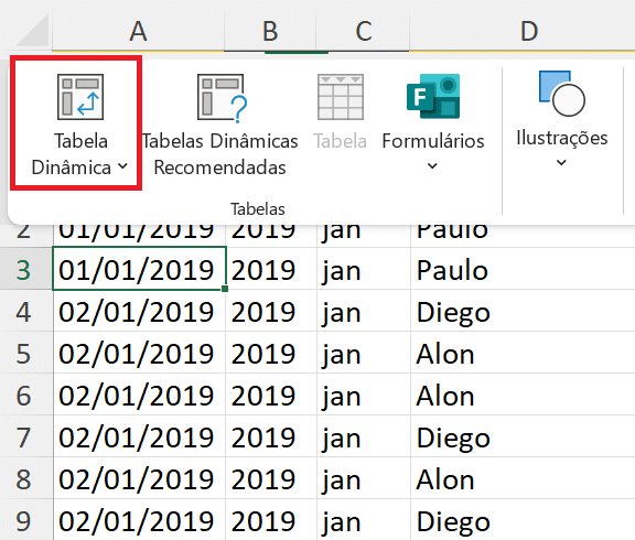Menu do Excel com a opção Tabel Dinâmica destacada.