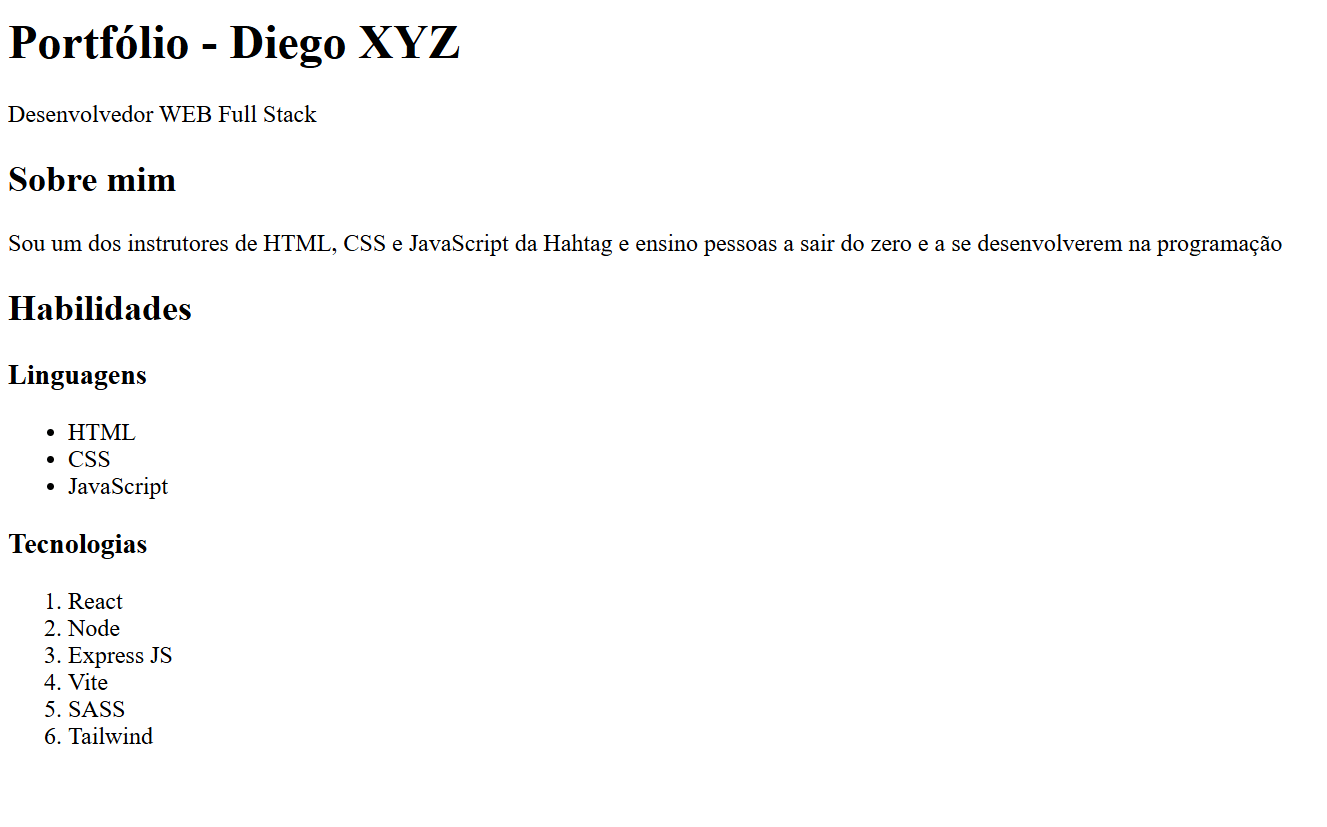Estrutura HTML com título principal, sobre mim e habilidades.