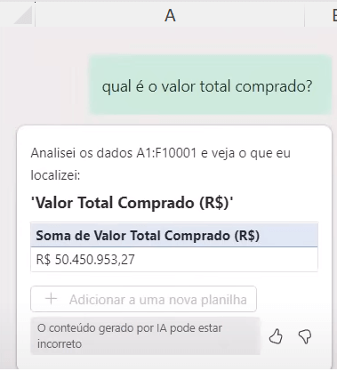 Área de diálogo com o Copilot. O usuário pergunta qual é o valor comprado e a IA responde o valor total comprado.