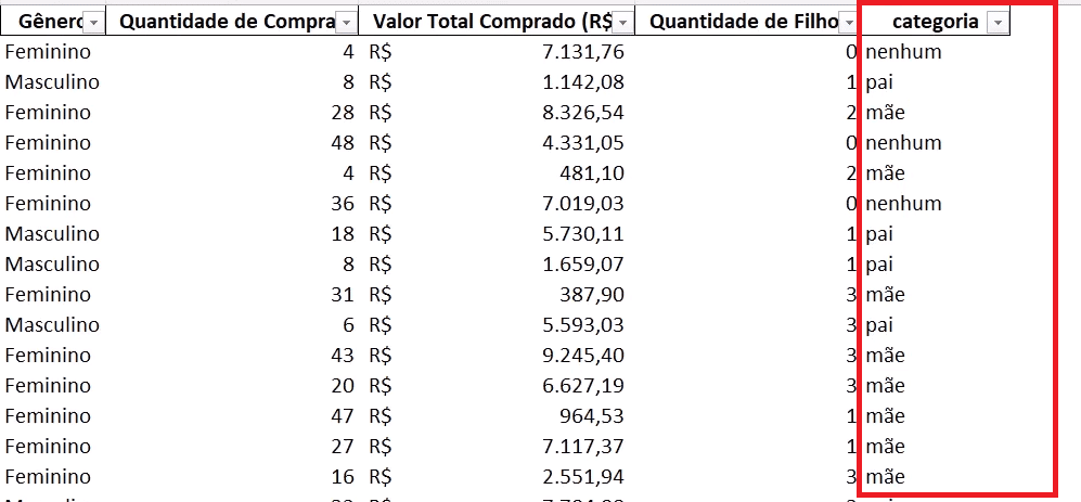 Planilha do Excel com a nova coluna destacada.