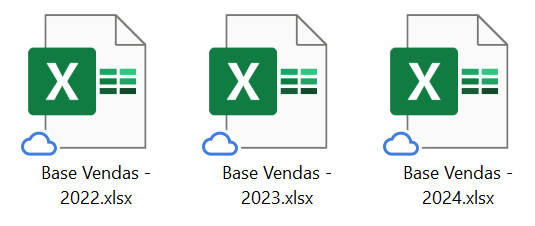 Três arquivos xlsx dentro de uma pasta, um para cada ano entre 2022 e 2024.