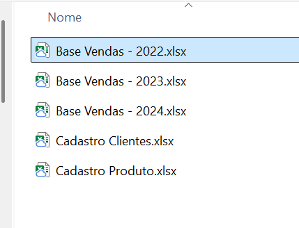 Lista de arquivos xlsx dentro de uma pasta, com o primeiro deles selecionado, o nome do arquivo é Base Vendas - 2022