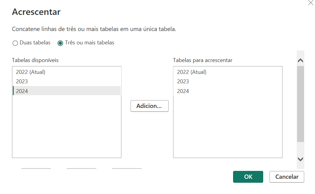 Caixa de diálogo com a seleção de planilhas a serem combinadas. Na área da direita, estão as planilhas 2022, 2023 e 2024. 