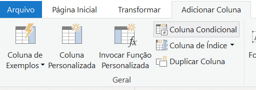 Aba adicionar coluna selecionada e opção Coluna Condicional em destaque.