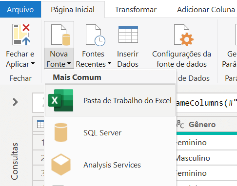 Aba página inicial selecionada, opção nova fonte selecionada e opção Pasta de Trabalho do Excel em destaque.