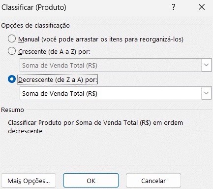 Selecionando a ordenação decrescente