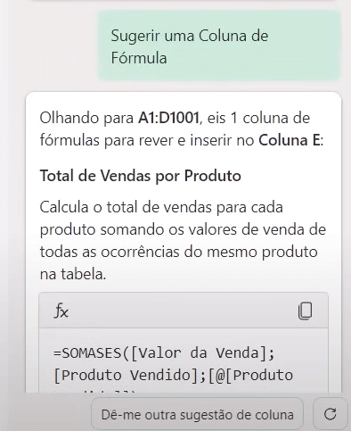 Janela de diálogo do Copilot com uma interação pedindo uma fórmula e a resposta da IA.