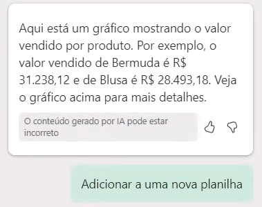 Janela de interação com o Copilot. A IA responde que fez um gráfico e o usuário pede a ela que o adicione a uma nova planilha.