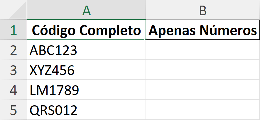 Tabela com uma coluna com códigos alfanuméricos e uma coluna vazia chamada Apenas números.