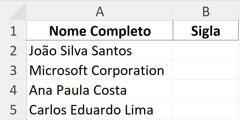 Tabela com duas colunas, Nome Completo e Sigla. Na primeira coluna temos coisas como João Silva Santos e Microsoft Corporation.