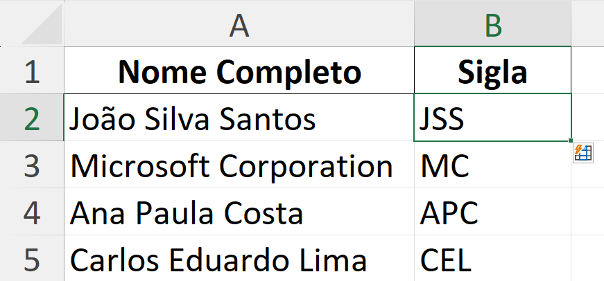 Mesma tabela da imagem anterior, agora a coluna Sigla têm siglas preenchidas.