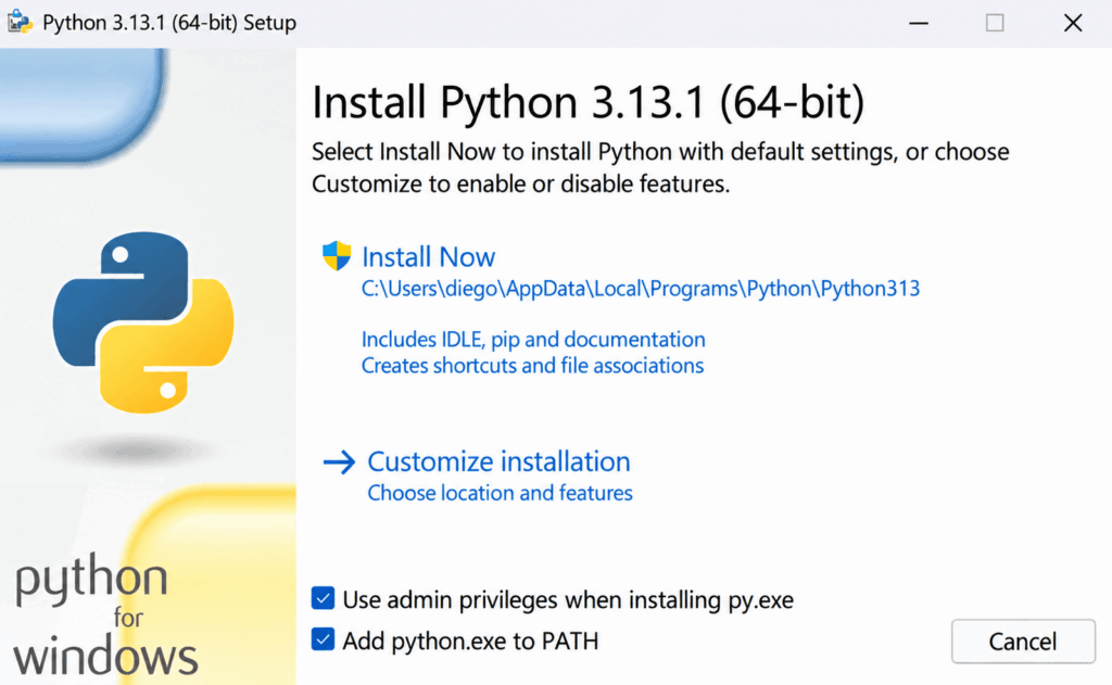 instalador clássico do python marcando Add python.exe to PATH