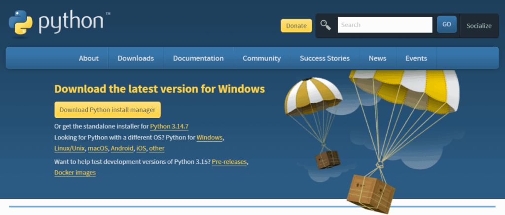 Página oficial de download do Python para começar o curso básico de Python