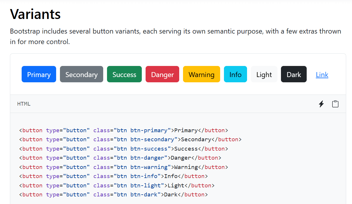Parte do site em inglês com várias opções de botões com cores e formatos diferentes.