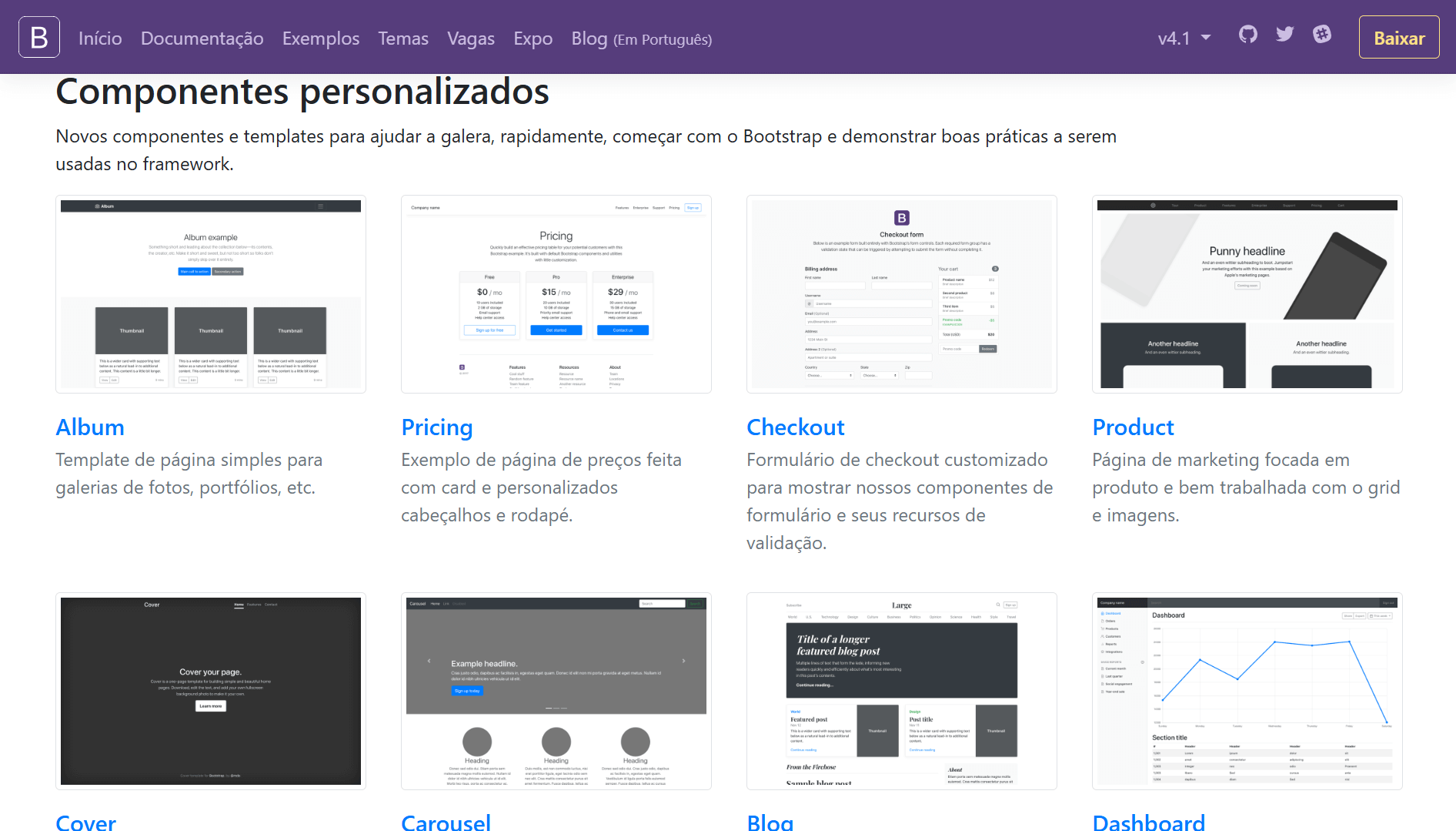 Parte do site em português que mostra os templates prontos