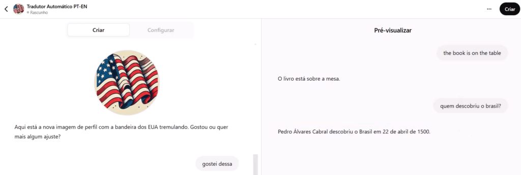 Print da tela mostrando as duas metades, de configuração e de texte