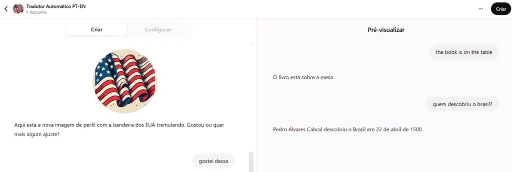 Print da tela mostrando as duas metades, de configuração e de texte
