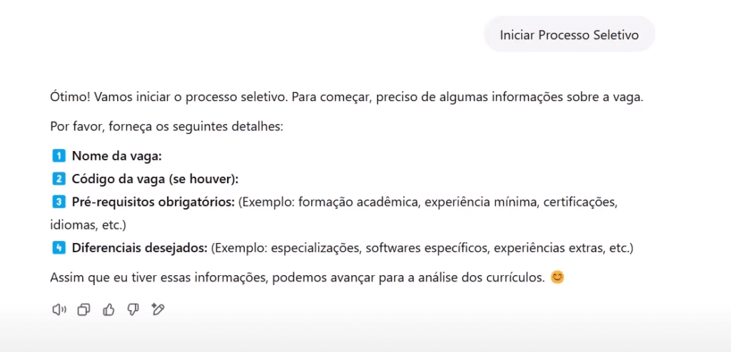 As instruções da Manu GPT para ajudar o usuário com o processo seletivo.