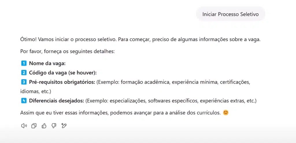 As instruções da Manu GPT para ajudar o usuário com o processo seletivo.
