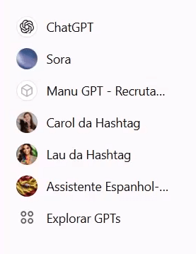 Diferentes GPTs criados no menu lateral esquerdo, e mais embaixo uma opção Explorar GPTs
