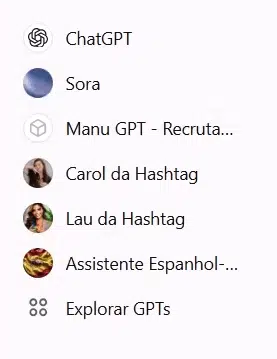 Diferentes GPTs criados no menu lateral esquerdo, e mais embaixo uma opção Explorar GPTs