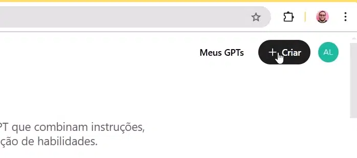 Zoom no canto superior direito da tela do chatgpt com o botão Criar em destaque
