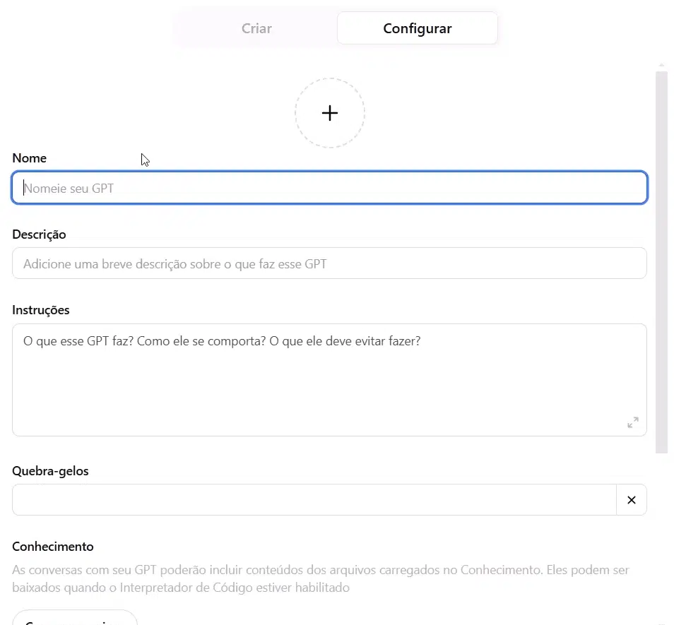 Opções de configuração do GPT