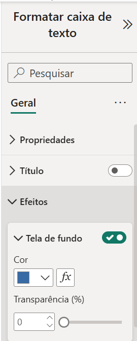 Opções de formatação da caixa de texto. Geral e Efeitos