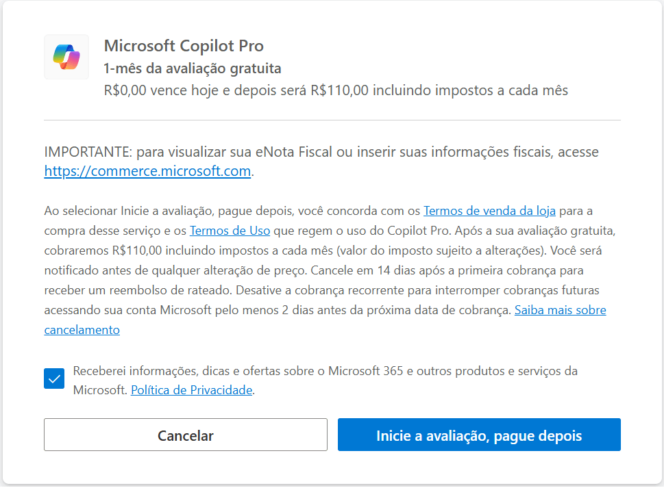 Curso Copilot: Domine a IA da Microsoft no Excel, PowerPoint, Word e Outlook 8 Página de pagamento com botão para começar a usar o copilot pro