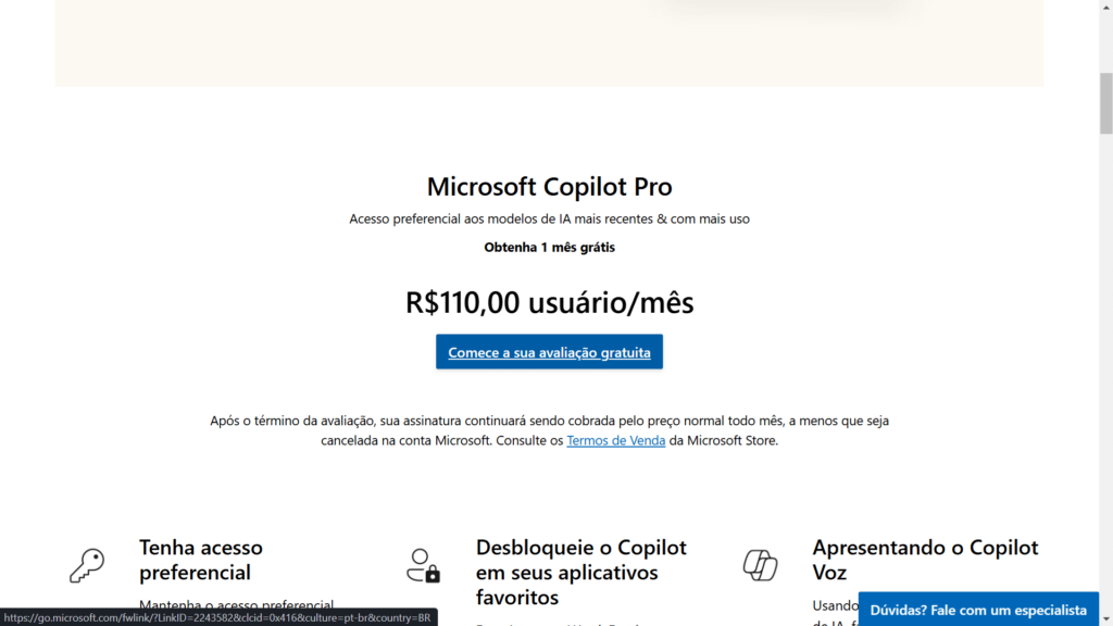 Página oficial do copilot no site da microsoft com o botão para começar o teste gratuito