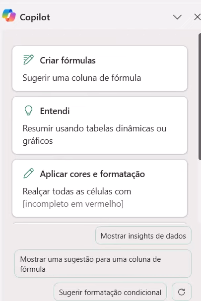 Menu do copilot na parte lateral direita da tela. Com opções "Criar fórmulas", "Entendi" e "Aplicar cores e formatação", além de algumas sugestões de prompt para enviar
