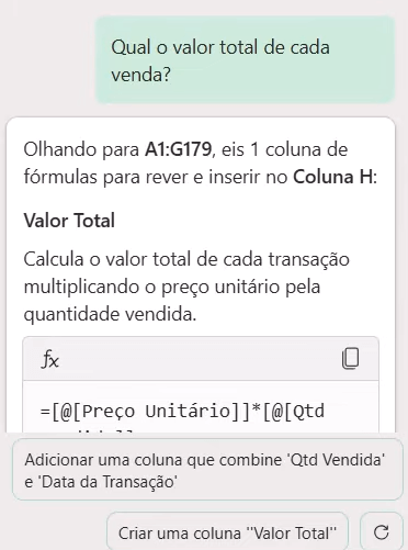 Resposta do Copilot no menu lateral, com uma explicação e a fórmula que vai multiplicar o valor dos produtos por suas quantidades vendidas.