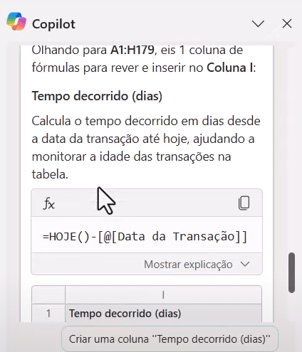 Resposta do Copilot falando que pode fazer uma fórmula que subtraia a data das vendas pela data de hoje e adicionar uma nova coluna