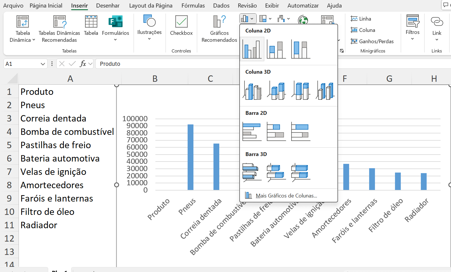 Gráfico sendo selecionado no Excel