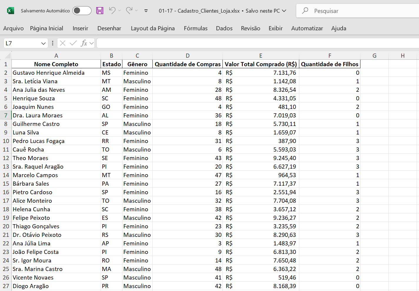 Exemplo de uma planilha no Excel
