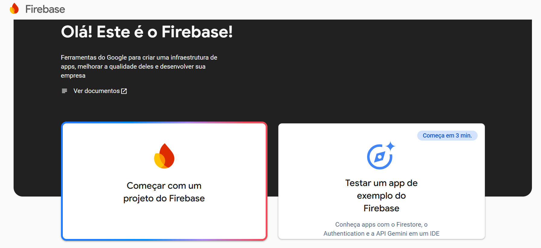 site do firebase na parte de criar um projeto